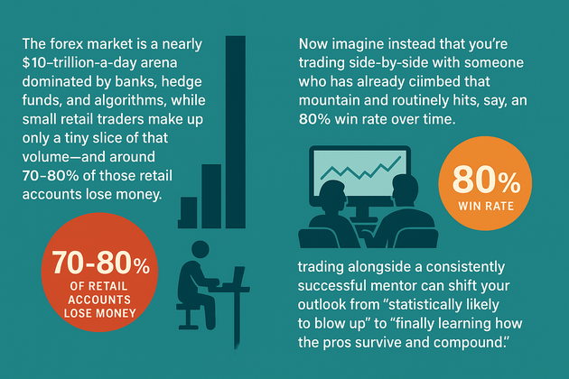 Infographic: the advantage of trading with an experienced forex mentor versus typical retail trader losses.